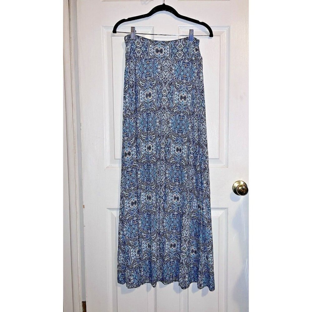 NWT ArtisanNy Long Maxi Skirt Stretch Elastic Waistband Geometric Blue